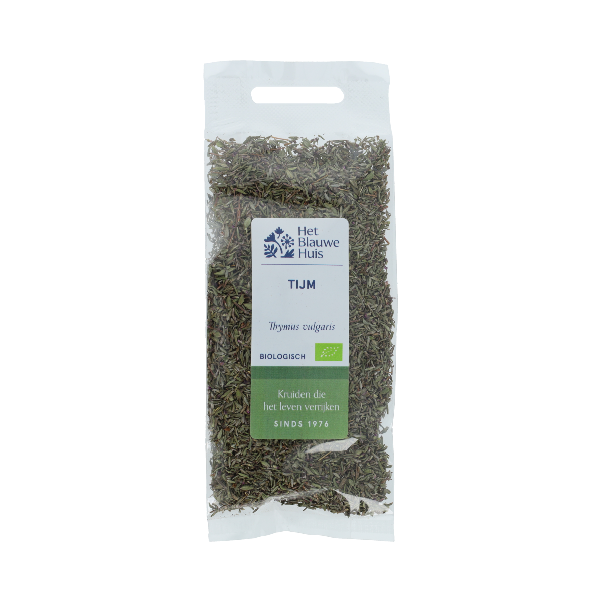 Organic thyme from Het Blauwe Huis in a 20g package, shown in a clear image, perfect for herbal seasoning and cooking.