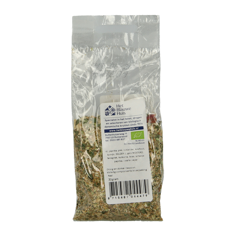 Het Blauwe Huis Nasi kruiden bio, 30 gram, natuurlijke Indonesische kruidenmix voor nasi gerechten, in een kunststof verpakking