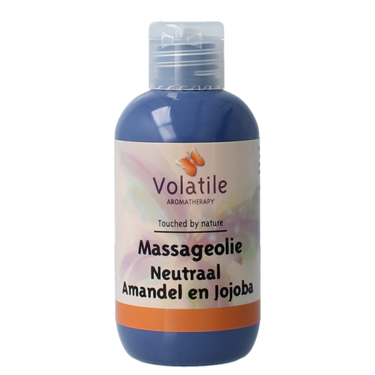 Volatile neutraal massageolie in 100ml bottle, natural body care product, clear liquid in a transparent container