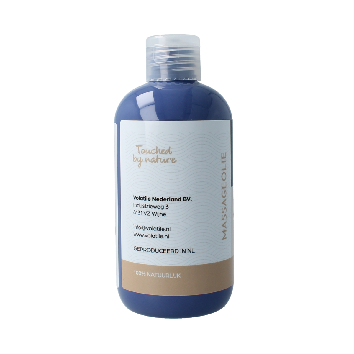 Volatile neutraal massageolie bottle, 250ml, natural body care product with a clear container and white cap.