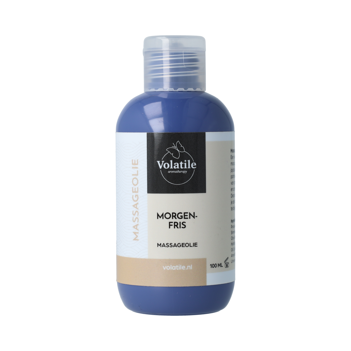 Volatile Massageolie Morgenfris in 100ml bottle, natural body care product with floral fragrance, displayed in a clear container
