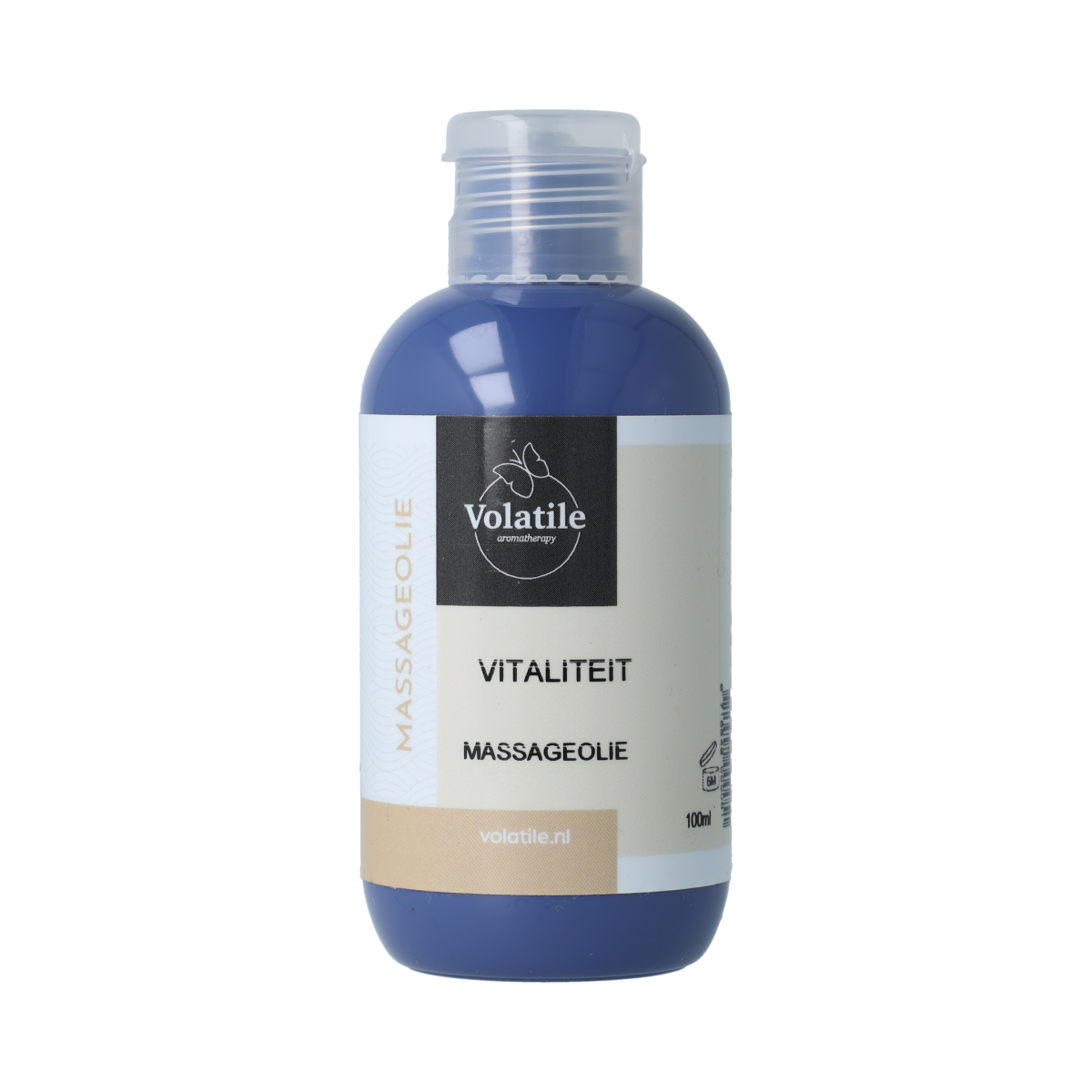 Volatile vitaliteit en rozenhout massageolie in 100ml bottle, body care product with a natural oil blend and floral scent.