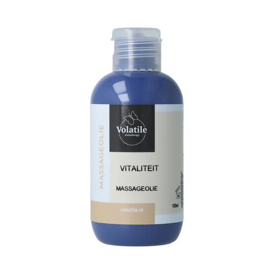 Volatile vitaliteit en rozenhout massageolie in 100ml bottle, body care product with a natural oil blend and floral scent.