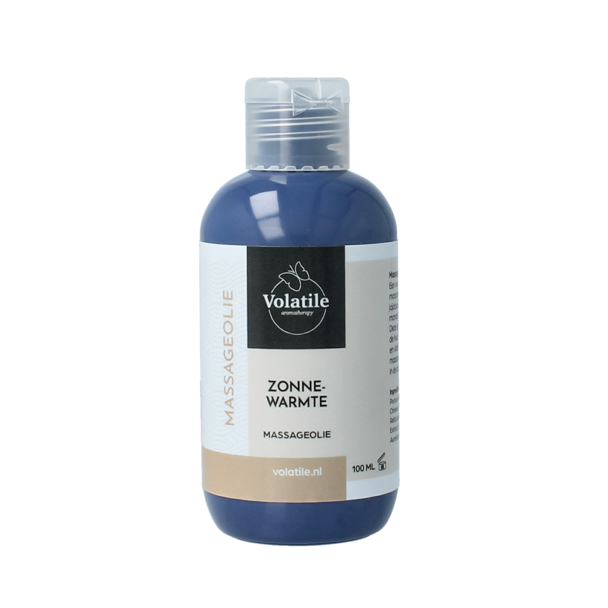 Volatile massage oil with zonnewarmte in a 100ml bottle, ideal for body care and relaxation.
