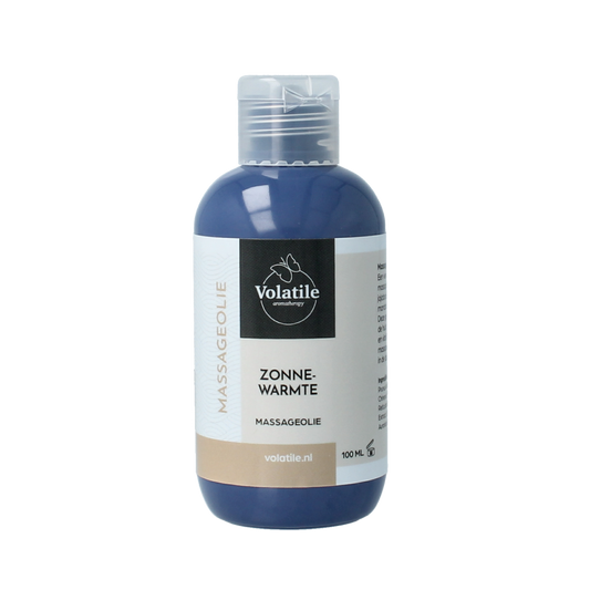 Volatile massage oil with zonnewarmte in a 100ml bottle, ideal for body care and relaxation.