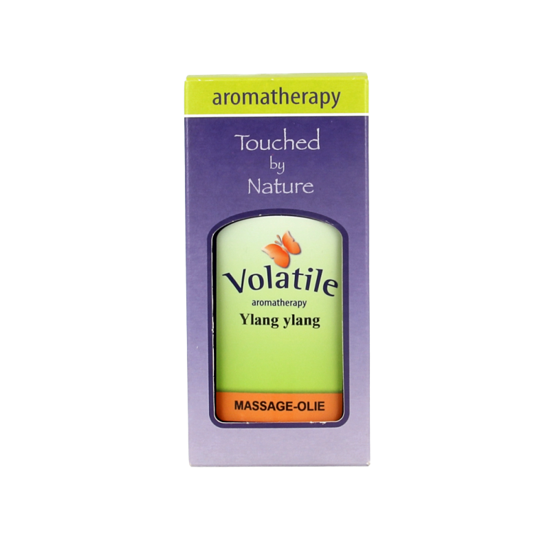 Volatile ylang ylang massage oil in a 100ml bottle, natural body care product with floral scent and smooth liquid texture.