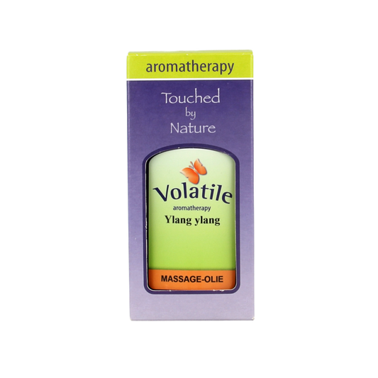 Volatile ylang ylang massage oil in a 100ml bottle, natural body care product with floral scent and smooth liquid texture.