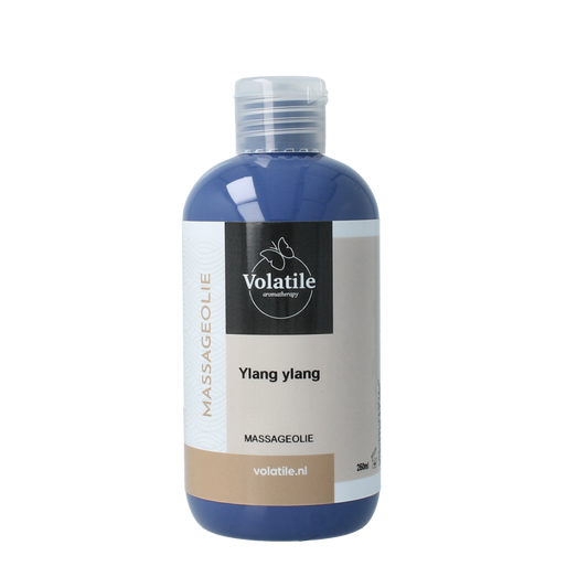 Volatile Ylang Ylang massage oil bottle, 250ml, for body care, with a sleek label and clear cap, suitable for relaxing massages.