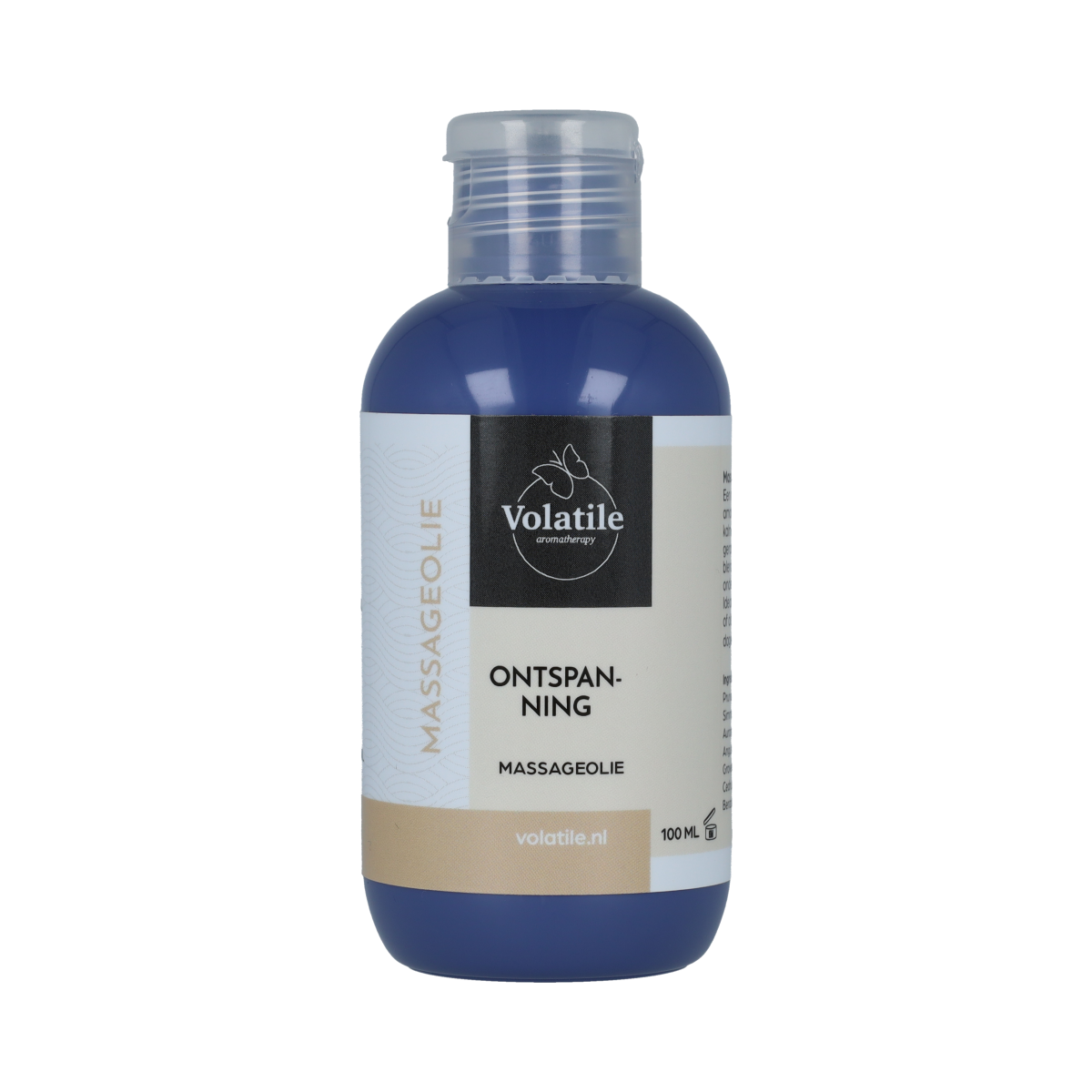 Volatile ontspannende massageolie met lavendel en geranium, 100ml, fles met olie en ingrediënten zichtbaar