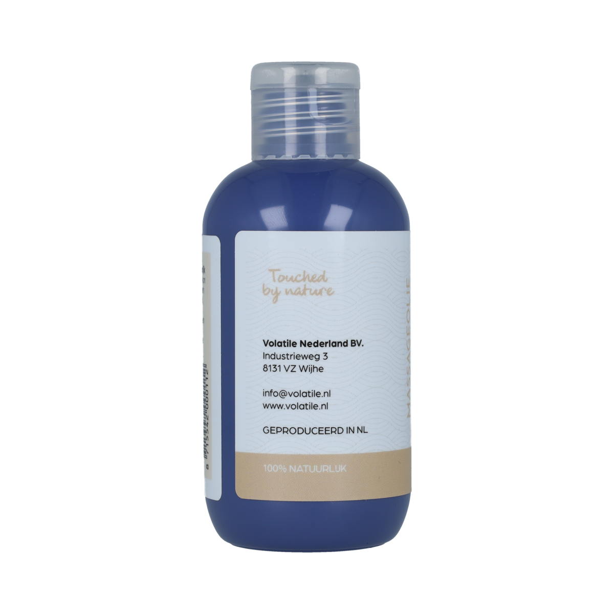 Volatile ontspannende massageolie met lavendel en geranium in 100ml, voor lichaamsverzorging en ontspanning, zichtbaar in de fles.
