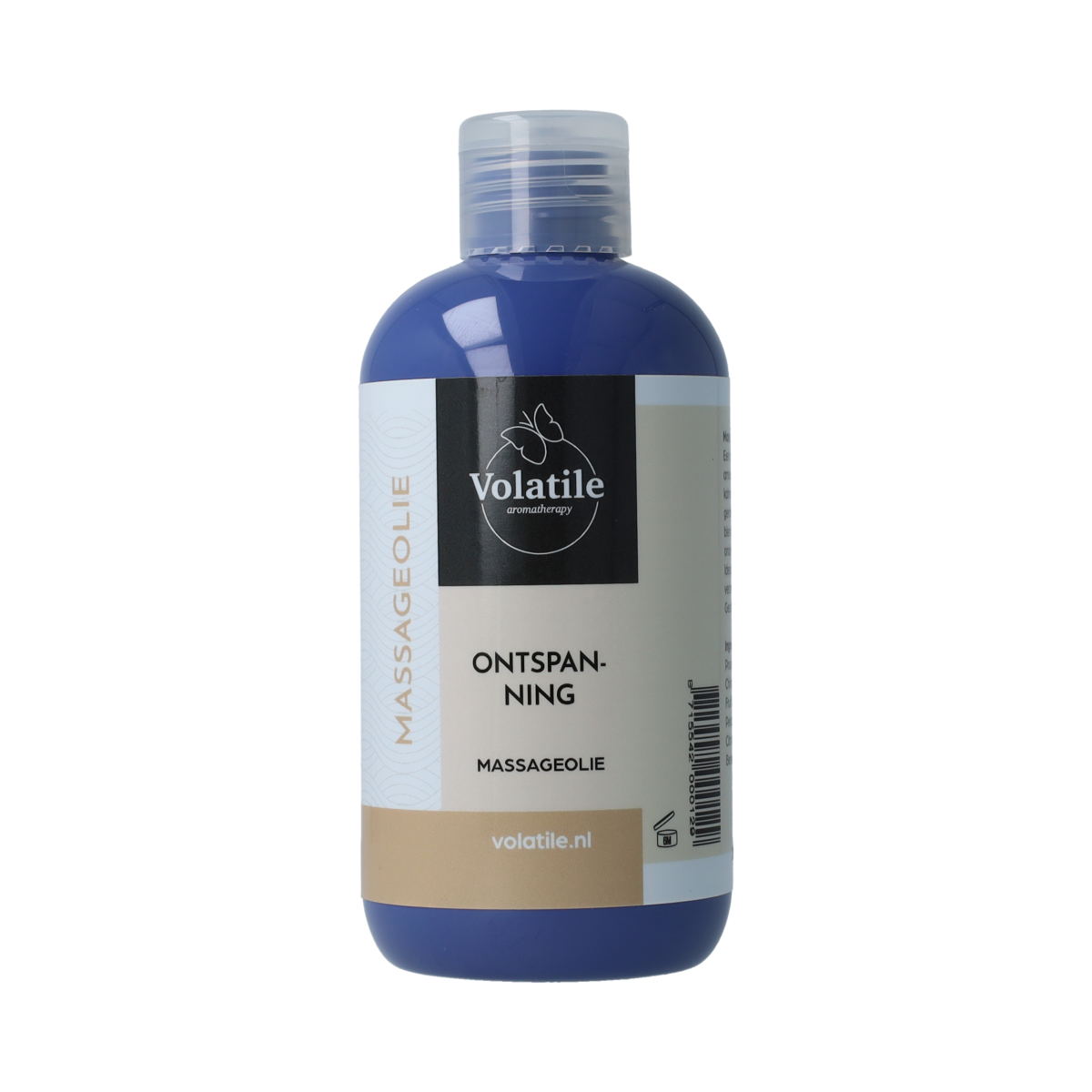 Volatile massage oil with lavender and geranium for relaxation, 250ml, natural body care product in a clear bottle.
