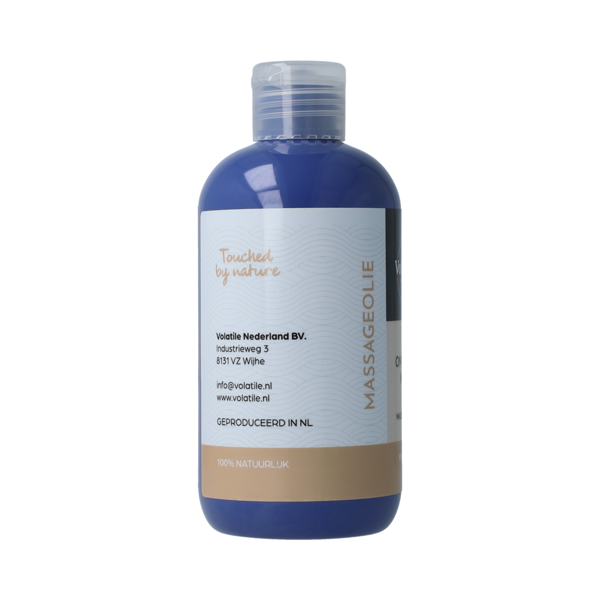Volatile massage oil with lavender and geranium, 250ml, for relaxation and body care, natural ingredients in a clear bottle.