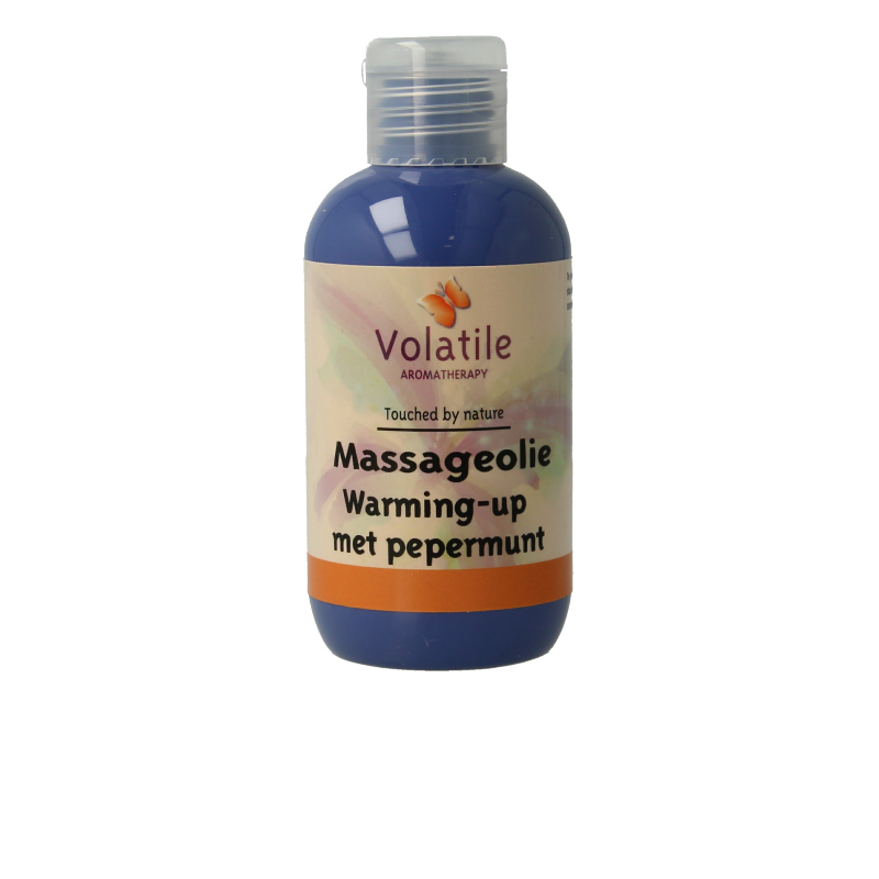 Volatile warming massage oil in 100ml bottle, a body care product with a clear liquid and label, designed for relaxing massages.