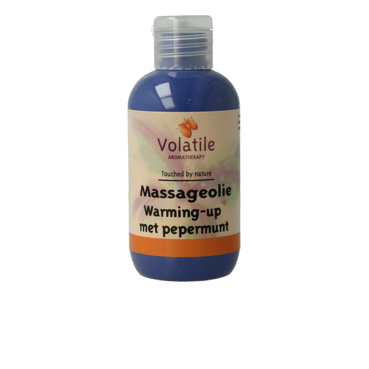 Volatile warming massage oil in 100ml bottle, a body care product with a clear liquid and label, designed for relaxing massages.
