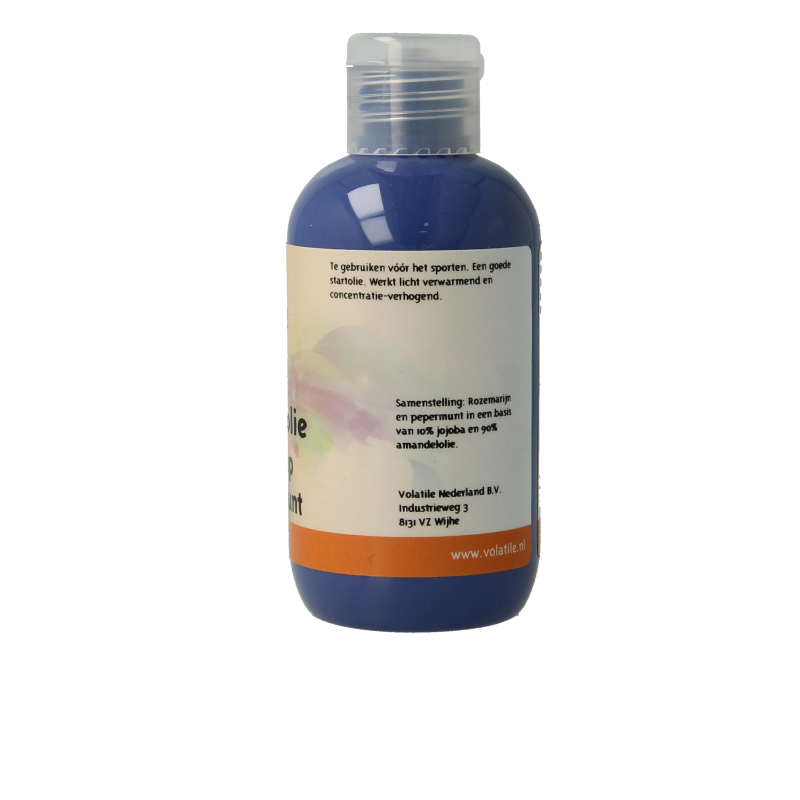 Volatile warming massage oil bottle, 100ml, for body care, with a sleek label and transparent cap.