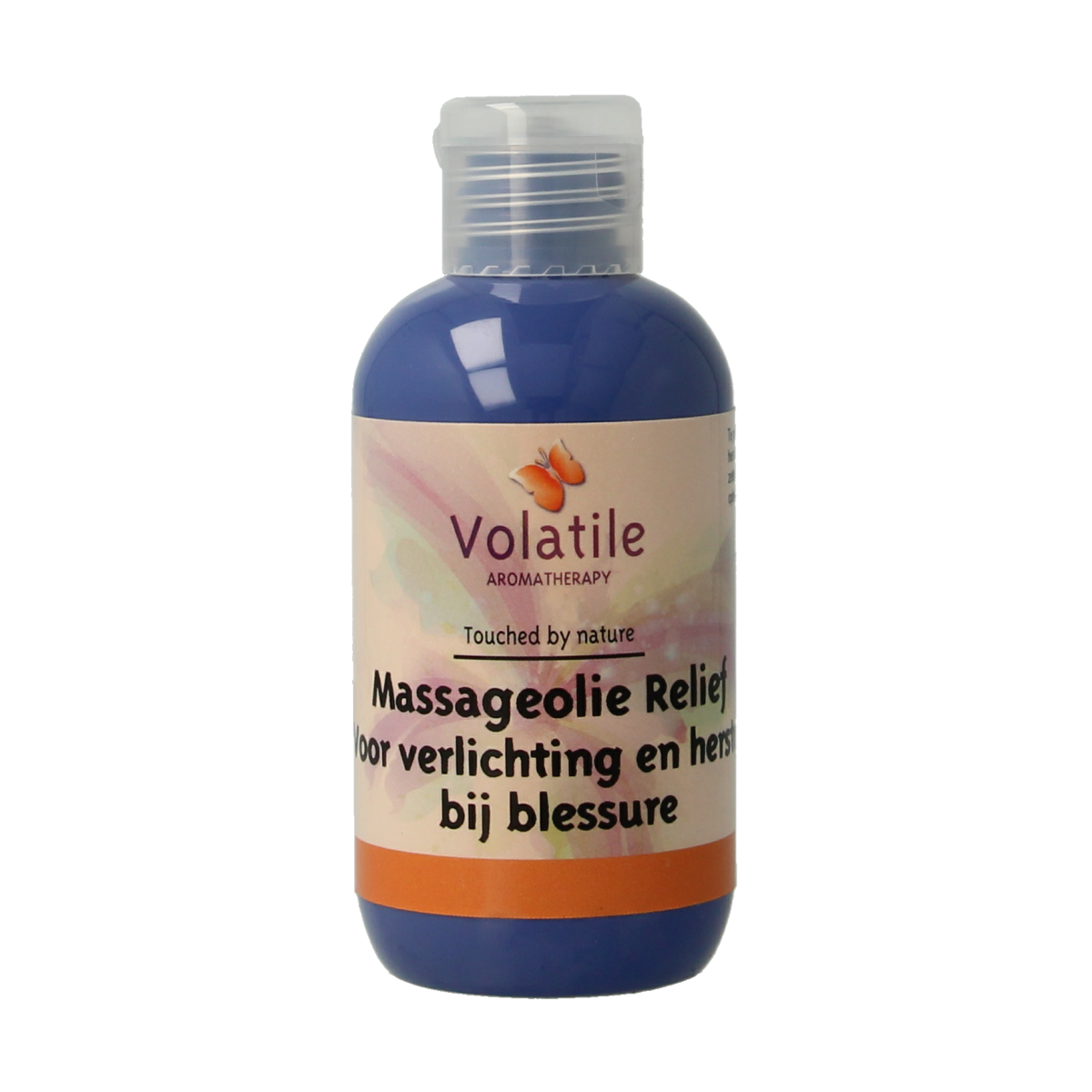 Volatile Massageolie Relief 100ml bottle with white cap, herbal skincare product for relaxation and muscle relief.