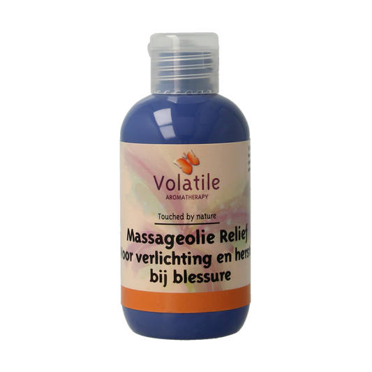 Volatile Massageolie Relief 100ml bottle with white cap, herbal skincare product for relaxation and muscle relief.