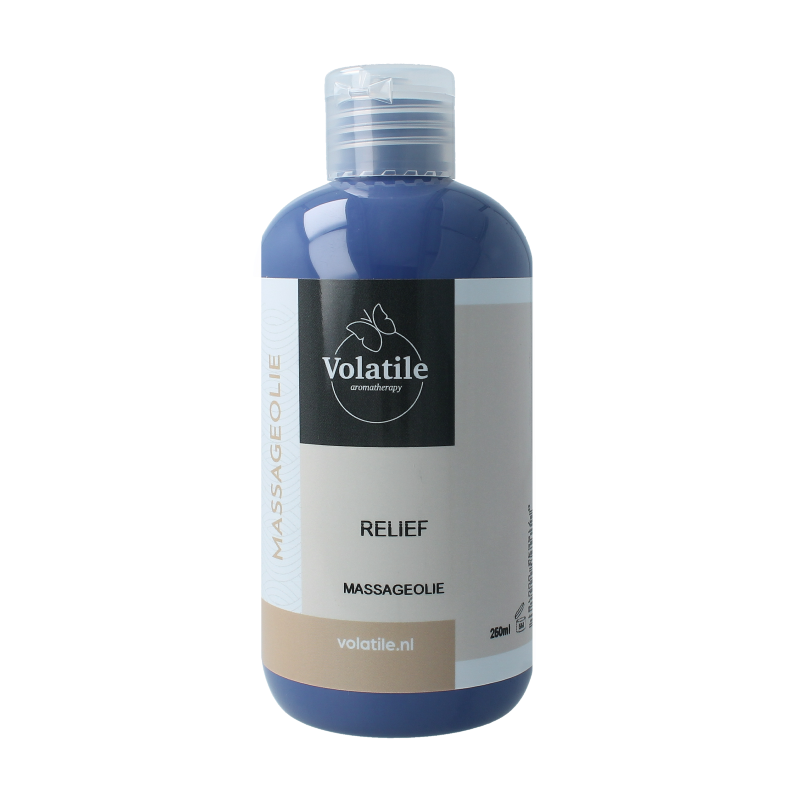 Volatile massage oil relief 250ml bottle, body care product with natural ingredients, designed for soothing muscle and skin comfort.