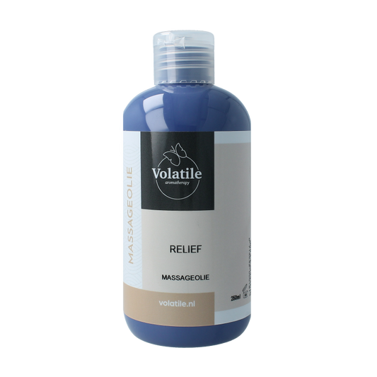 Volatile massage oil relief 250ml bottle, body care product with natural ingredients, designed for soothing muscle and skin comfort.