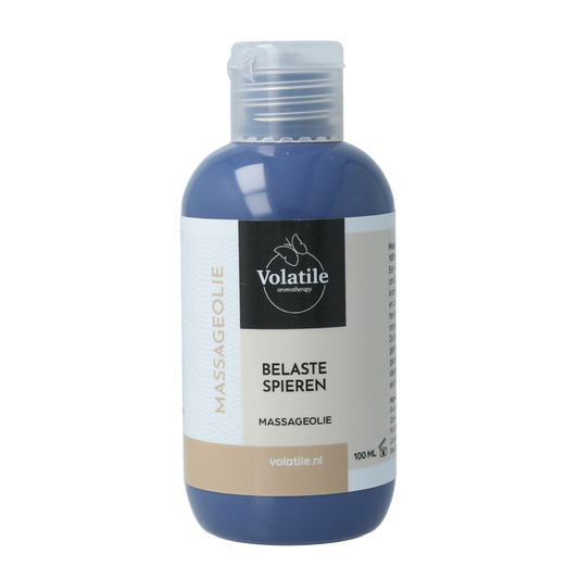 Volatile massage oil for muscle relief, 100ml, body care product with a clear label, in a transparent bottle with a white cap.