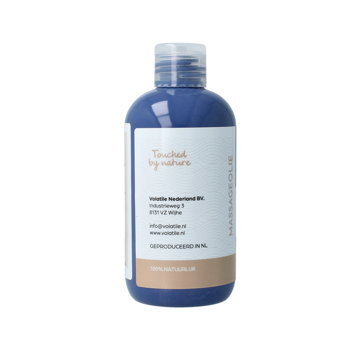 Volatile Massageolie belaste spieren in 250ml bottle, body care product for muscle relief, with white and blue packaging.