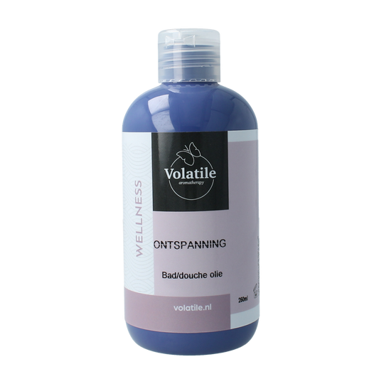 Volatile Badolie ontspanning bottle, 250ml, for bath and shower, with calming essential oils in a clear plastic container.