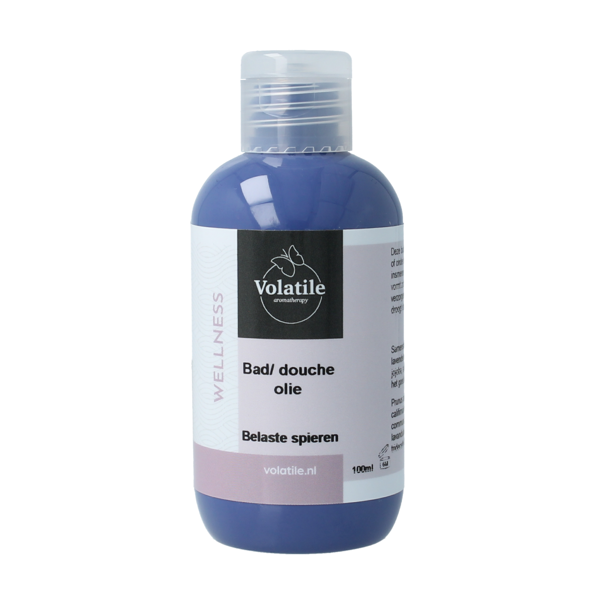 Volatile Badolie belaste spieren in 100ml bottle, used for relaxing muscles during bath or shower routines.