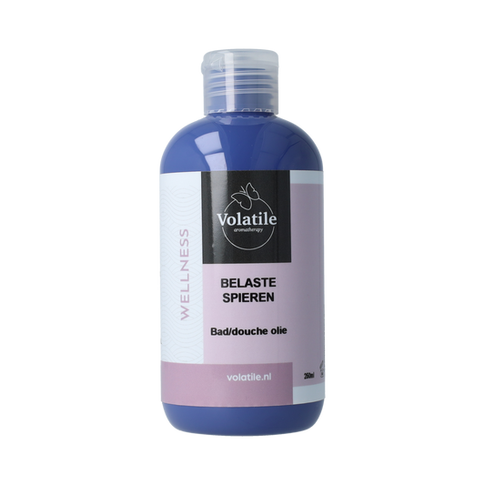 Volatile Badolie belaste spieren in 250ml bottle, used for relaxing muscle tension during bath or shower.