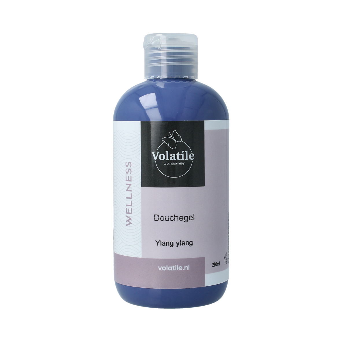 Volatile Ylang Ylang shower gel bottle, 250ml, with a sleek design and colorful label featuring floral elements.