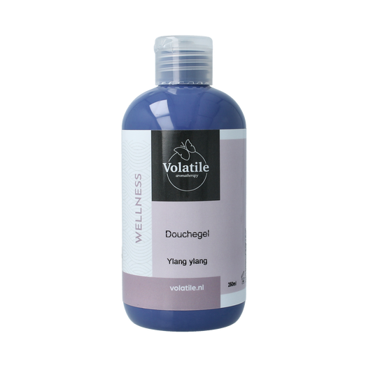 Volatile Ylang Ylang shower gel bottle, 250ml, with a sleek design and colorful label featuring floral elements.