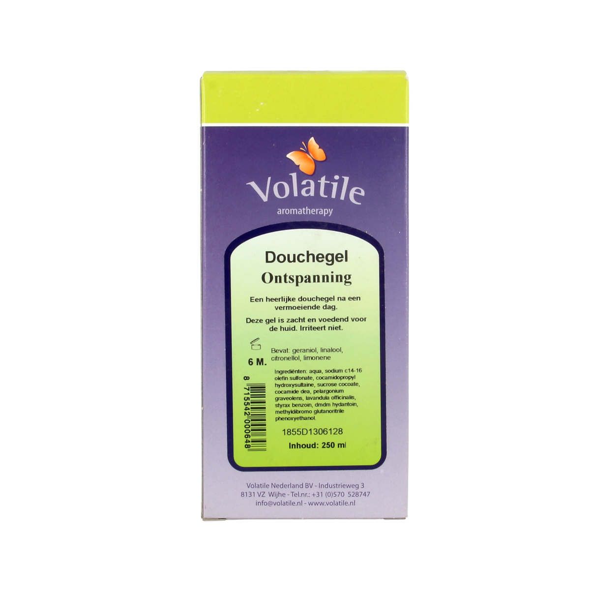 Volatile ontspanning douchegel in 250ml bottle, gentle bath and shower product with calming scent, shown in the image.