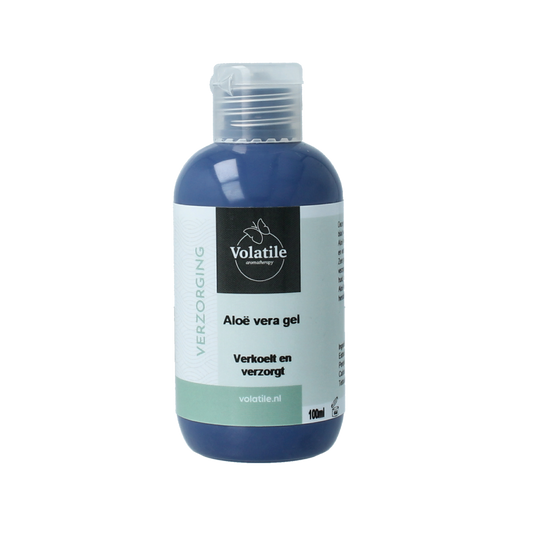 Volatile Aloe Vera Gel 100ml for body care, featuring clear gel in a transparent bottle with a white cap.