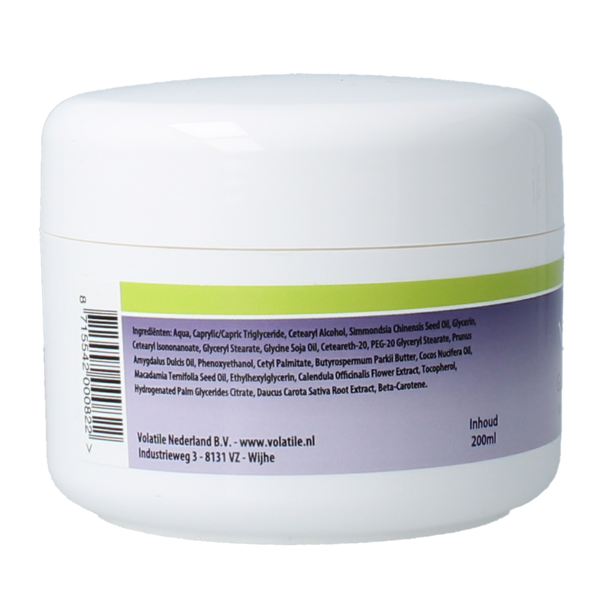 Volatile gezichtscrème in 200ml jar, creamy face moisturizer for daily skincare, with a smooth texture and gentle formulation.