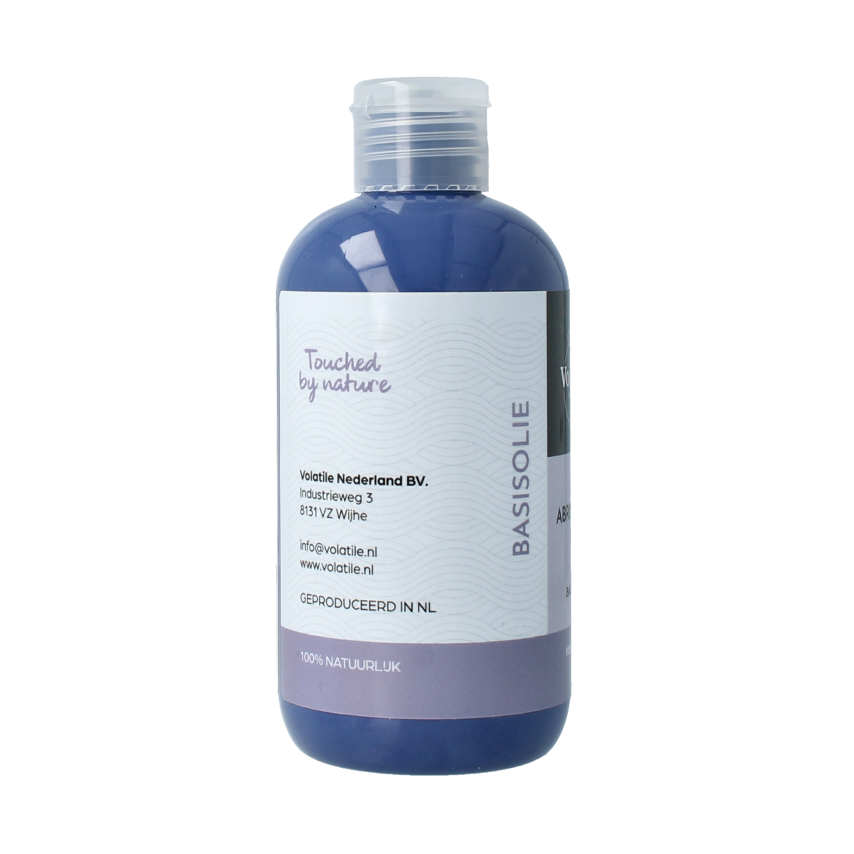 Volatile Amandel basisolie 250ml, natural almond carrier oil for body care, clear bottle with oil inside.