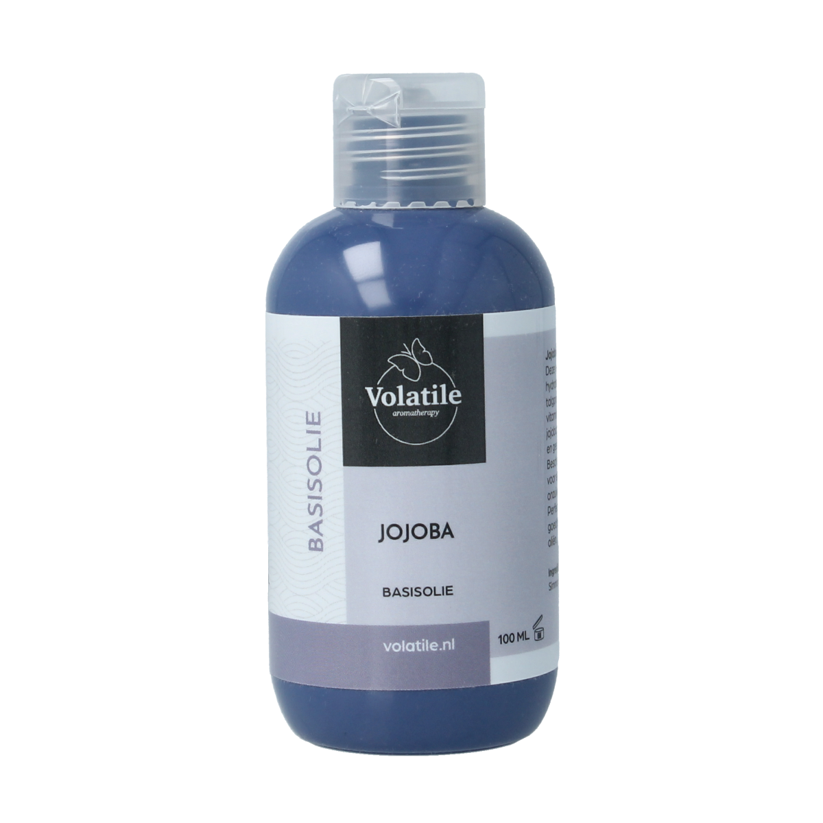 Volatile Jojoba basisolie 100ml in a clear bottle, natural body care product with a golden hue, suitable for skincare and massage.