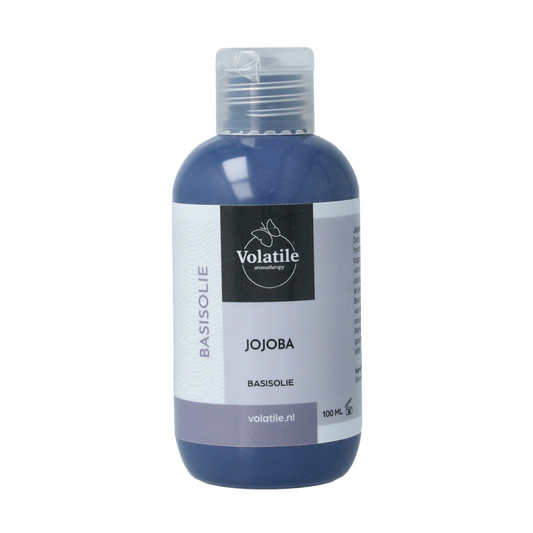 Volatile Jojoba basisolie 100ml in a clear bottle, natural body care product with a golden hue, suitable for skincare and massage.