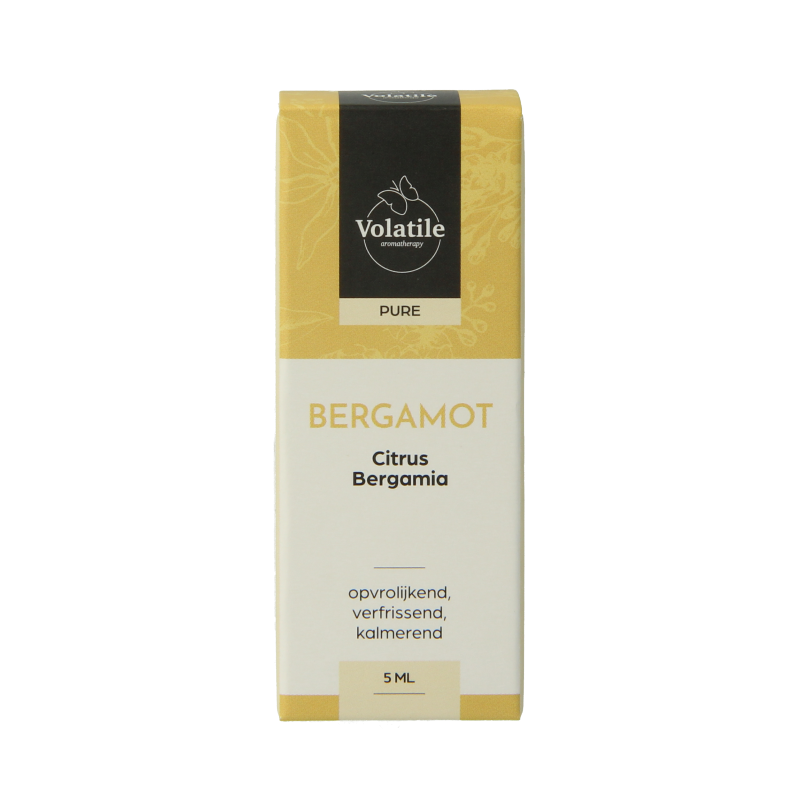Volatile Bergamot Italy essential oil in 5ml bottle, vibrant citrus-colored liquid, from Volatile brand.