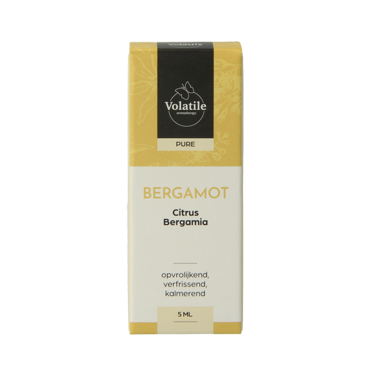 Volatile Bergamot Italy essential oil in 5ml bottle, vibrant citrus-colored liquid, from Volatile brand.