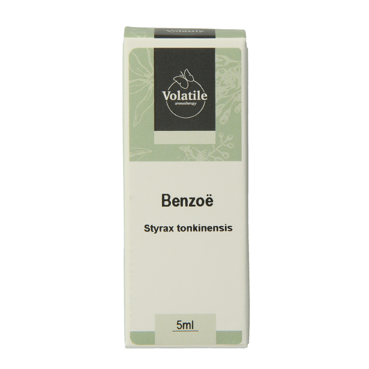 Volatile Benzoe essential oil in a 5ml bottle, natural aromatic etherische oliën with amber-colored liquid inside.