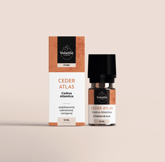 Volatile Cedar Atlas essential oil in a 10ml glass bottle, showcasing clear liquid and label with product details.