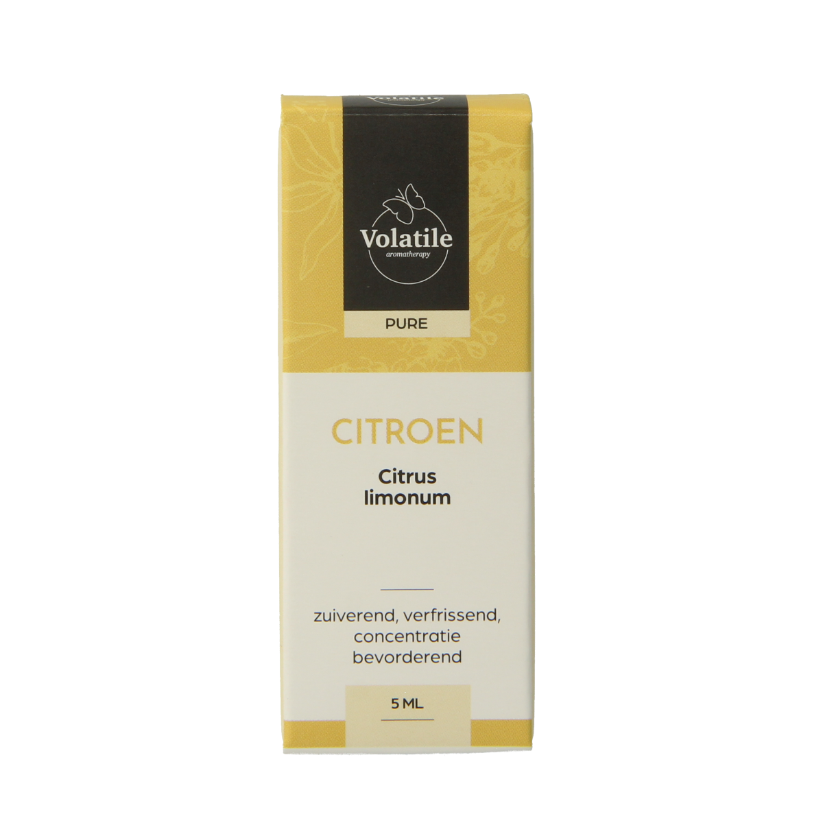 Volatile Citroen Italie essential oil bottle, 5ml, with bright yellow label and amber glass container, natural citrus scent.