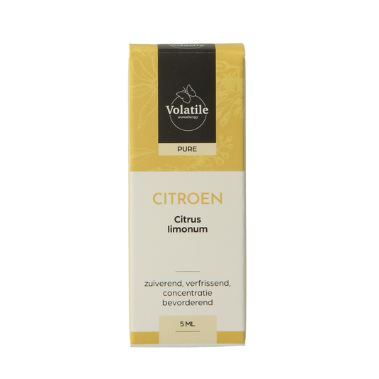 Volatile Citroen Italie essential oil bottle, 5ml, with bright yellow label and amber glass container, natural citrus scent.