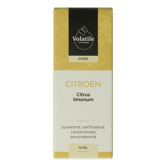 Volatile Citroen Italie essential oil bottle, 10ml, with a bright yellow label and transparent glass container.
