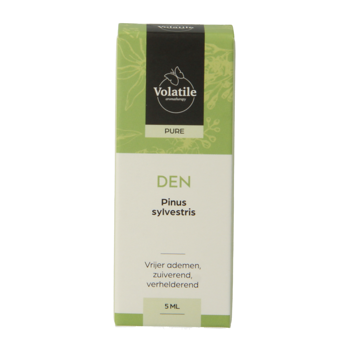 Volatile Den pinus sylvestrus essential oil bottle, 5ml, with pine needle aroma, in clear plastic container.