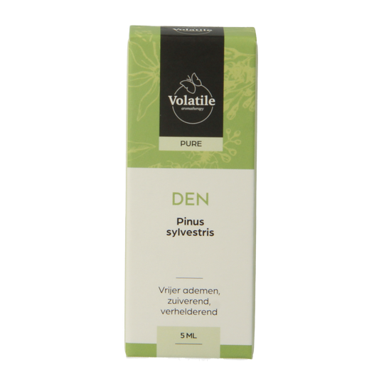 Volatile Den pinus sylvestrus essential oil bottle, 5ml, with pine needle aroma, in clear plastic container.