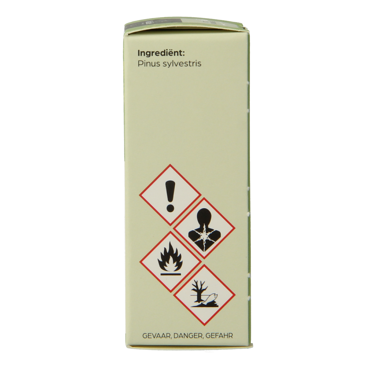 Volatile Den pinus sylvestrus essential oil bottle, 5ml, natural pine scent, in clear glass with label, on white background