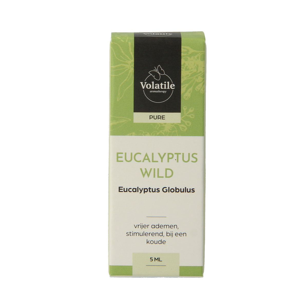 Volatile Eucalyptus Wild essential oil bottle, 5ml, showcasing the dark glass container with label and dropper cap.