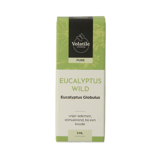 Volatile Eucalyptus Wild essential oil bottle, 5ml, showcasing the dark glass container with label and dropper cap.
