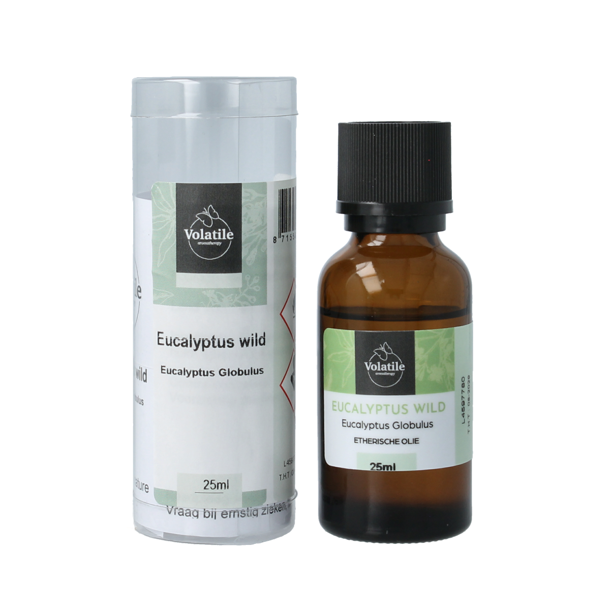 Volatile Eucalyptus Wild essential oil bottle, 25ml, with a white label and clear glass container, showcasing natural eucalyptus oil.