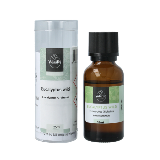 Volatile Eucalyptus Wild essential oil bottle, 25ml, with a white label and clear glass container, showcasing natural eucalyptus oil.
